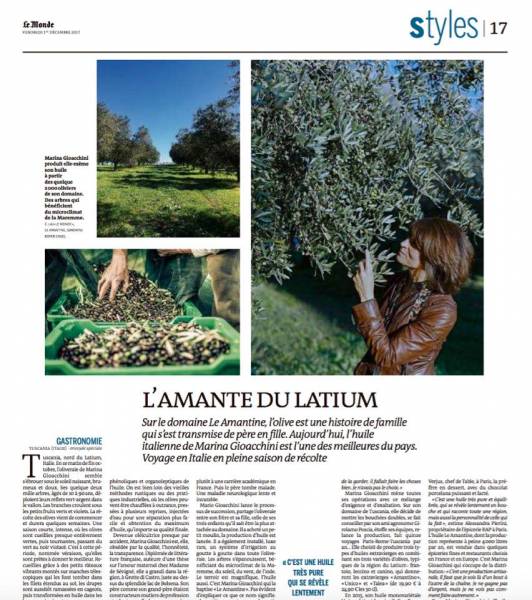 L'huile d'olive Le Amantine sur Le Monde